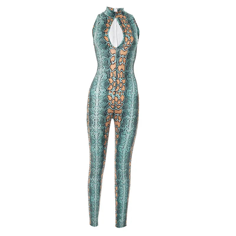 Snake Print Hollow Out Long Jumpsuit Women Summer Sleeveless Bodycon Sexy Romper for Woman