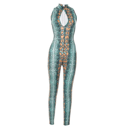 Snake Print Hollow Out Long Jumpsuit Women Summer Sleeveless Bodycon Sexy Romper for Woman
