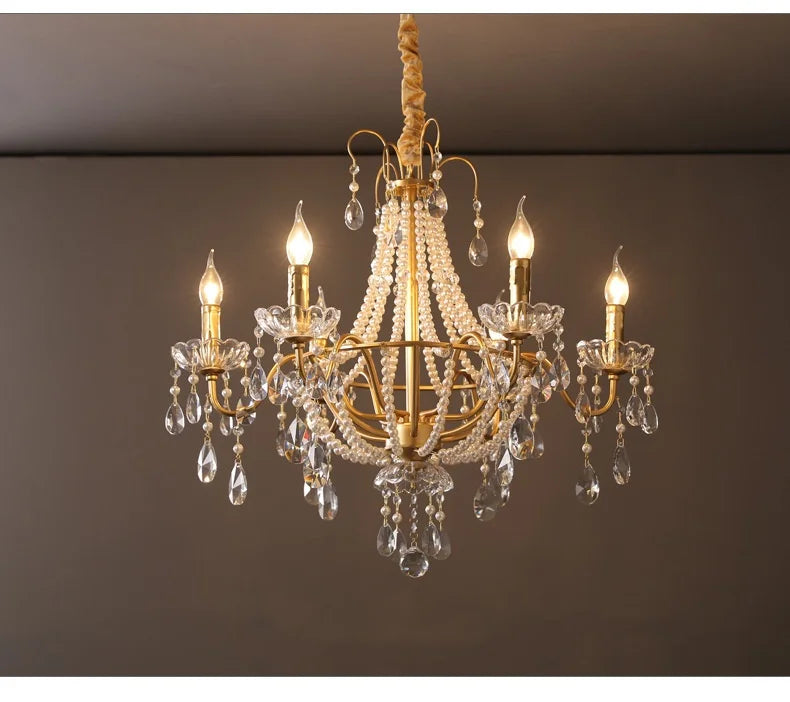 European Living Room Gold Candle E14 Chandelier Luxury Crystal Pearl Led Pendant Lights Villa Decor Led Suspend Lamp Luminarias