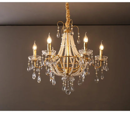 European Living Room Gold Candle E14 Chandelier Luxury Crystal Pearl Led Pendant Lights Villa Decor Led Suspend Lamp Luminarias