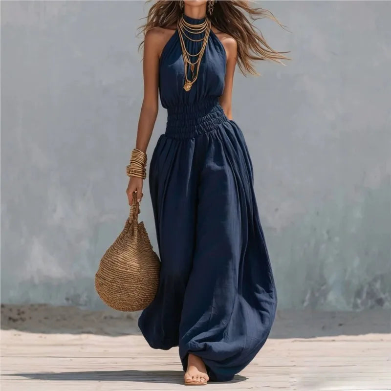 Summer Sexy Halter Sleeveless Pleated Jumpsuit Women Fashion Solid Elastic Waisted Wide Leg Jumpsuit Casual Loose Rompers Street