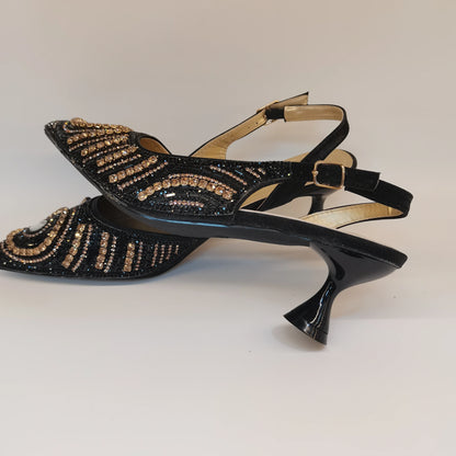 New Elegant Nigerian Women’s Gold Colour Heeled Shoes With Match Rhinestone Handbag Set Italian Design for Parties