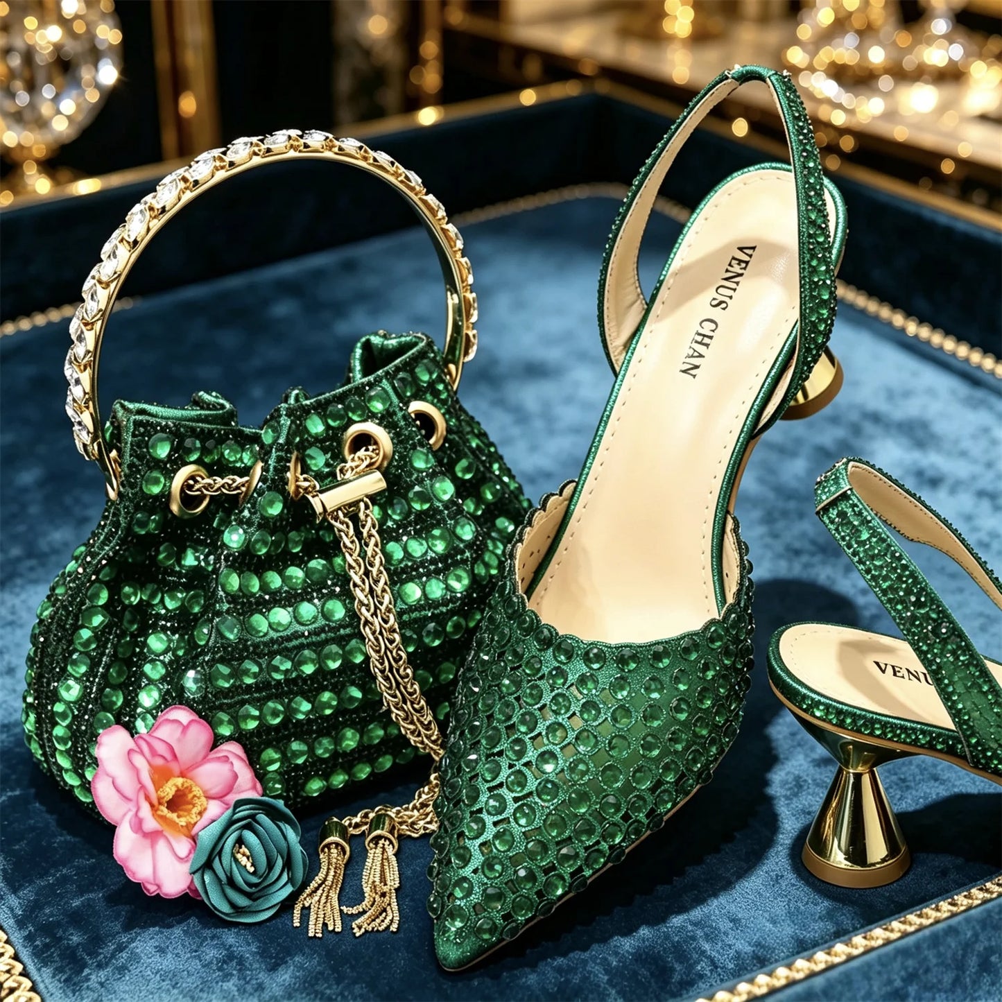 Venus Chan 2026 Elegant Women's Pointed Toe Heels - Wine Color Full Diamond Pumps with Matching Italian Shoes & Bags Set