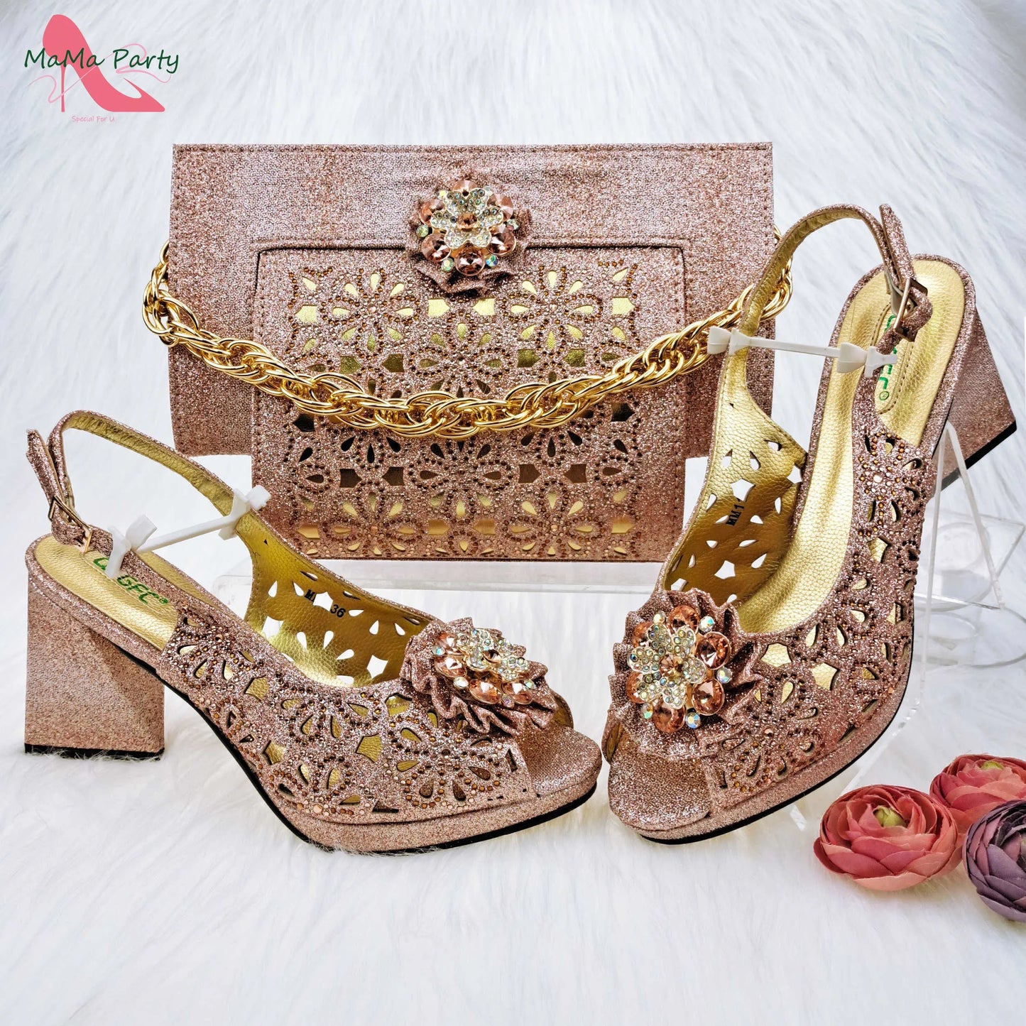 Mature Style Women Shoes and Bags Set 2023 Spring New Design Rose Gold Color Italian Sandals with Shinning Crystal for Party