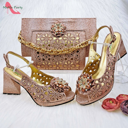Mature Style Women Shoes and Bags Set 2023 Spring New Design Rose Gold Color Italian Sandals with Shinning Crystal for Party