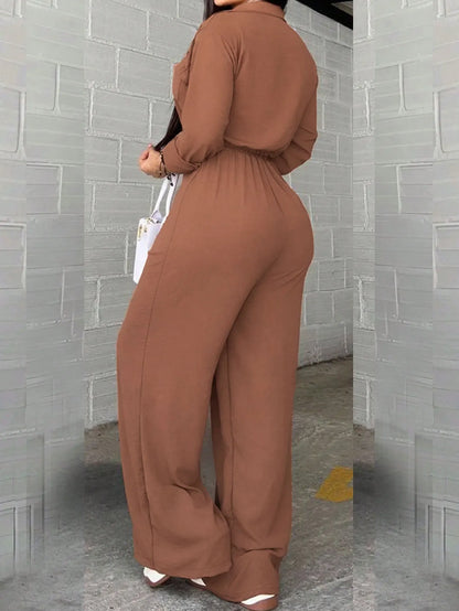 Jumpsuits for Women New Long Sleeve Turn Down Collar Lace-up Wide-leg Women Jumpsuit Monos Mujer Casual Verano