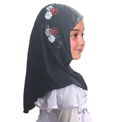 Kids Hijab for Girls Muslim Instant Hijabs Ready To Wear Islamic Shawls Turban with Flowers Scarfs Jersey Head Wrap (2-7 Y)