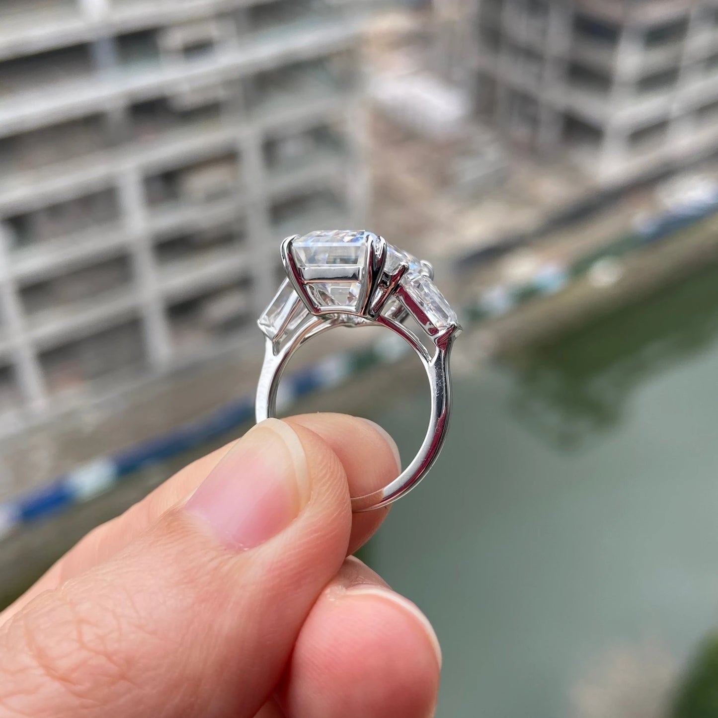 JOVOVASMILE Moissanite Engagement Ring Diamond Real 18k Gold 8 Carat 13x9mm Emerald Cut Two Full Flanking Tapered Baguette Band