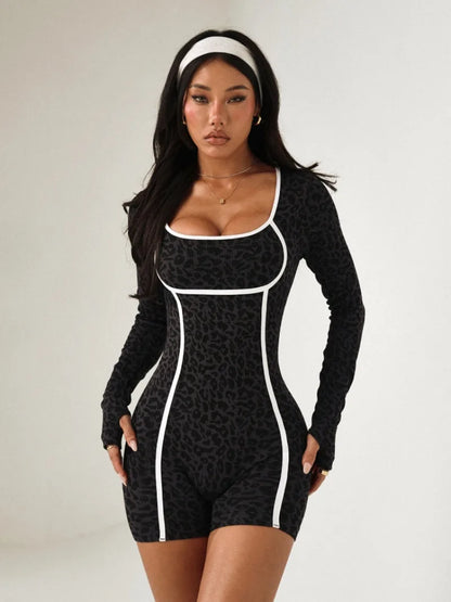 Women's Leopard Print Jumpsuit, Sexy One-Piece Long-Sleeve Bodysuit, Short Jumpsuit for Yoga & Gym, Black Streetwear