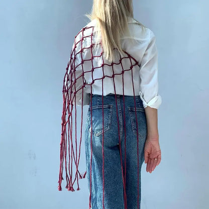 Bohemian Netted Fringe Scarf Handwoven Bikini Women Mid Waist Skirt Ethnic Design Mesh Tassel Waistband Decorative Butt Curtain
