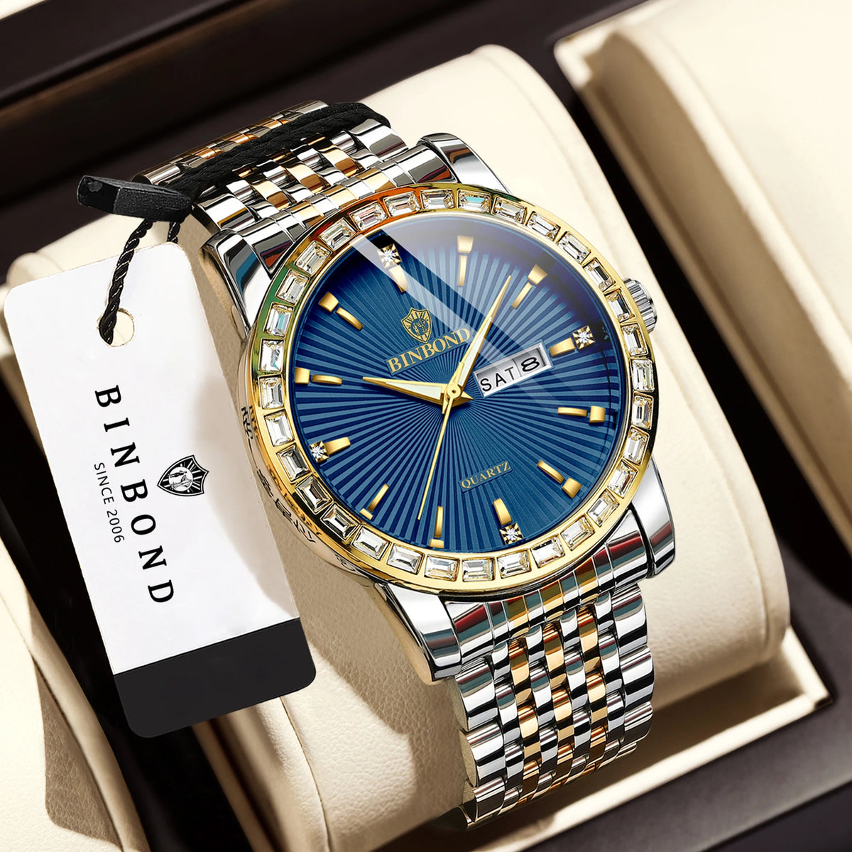 BINBOND Luxury Quartz Watches For Men Luminous Waterproof Men's Wristwatch Reloj Hombre Original Man Watch With Diamond