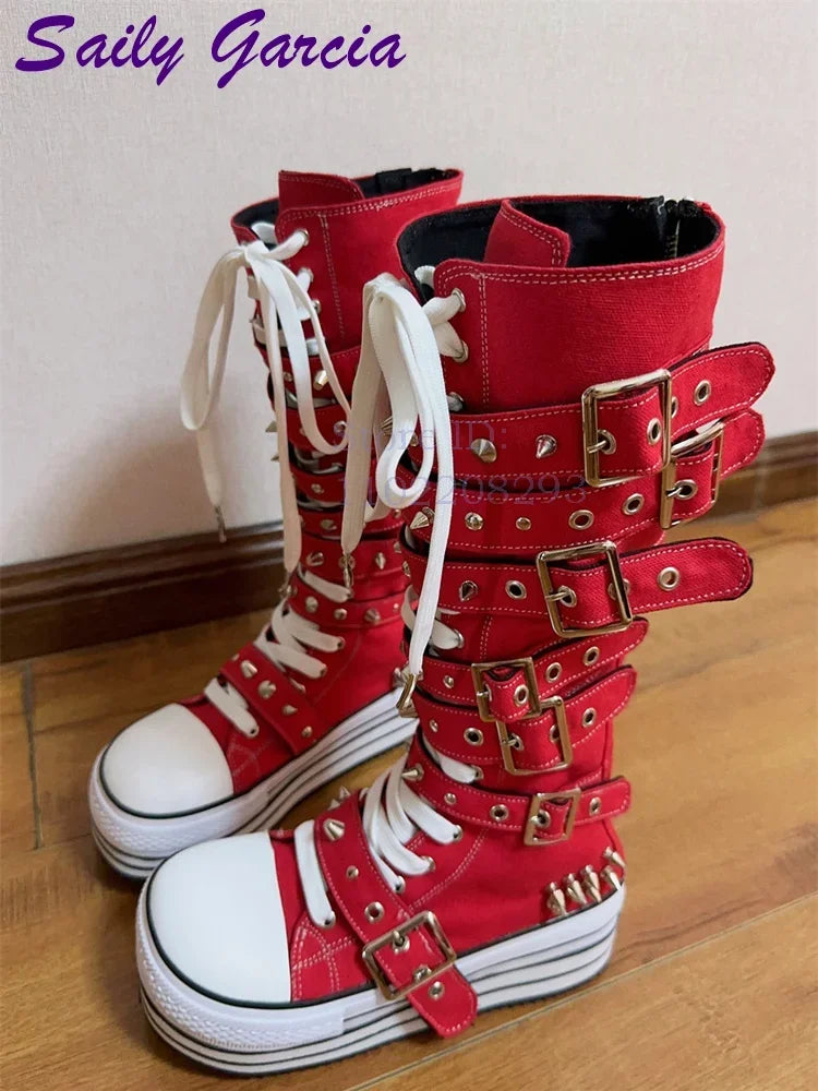Festival Rave Orange Platform Boots Punk Rivet Buckle Straps Knee High Boots 2026 Fashion Thick Sole Women Shoes Party Footwear