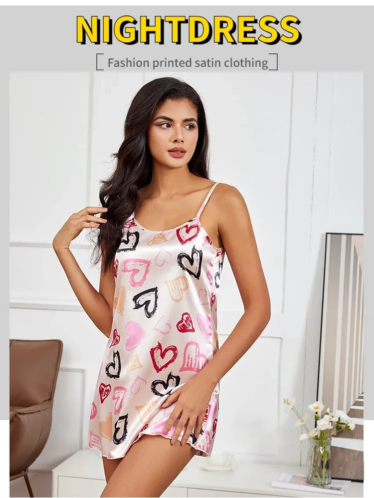 Ladies Sexy Sling Nightgown Nightdress Women's Sexy Lingerie Silk Satin Sleepwear Floral Pinting Nightwear Homewear Mini Dress