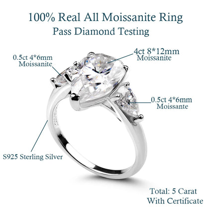 1-5CT Pear Cut Miossanite Ring Certified 925 Sterling Silver Plated 18K D VVS1 Lab Diamond Wedding Engagement Band for Women