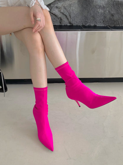 2026 New Spring Autumn Stretch Fabric Women Ankle Boots Sexy Pointed Toe High Heels Fashion Female Socks Pumps Shoes