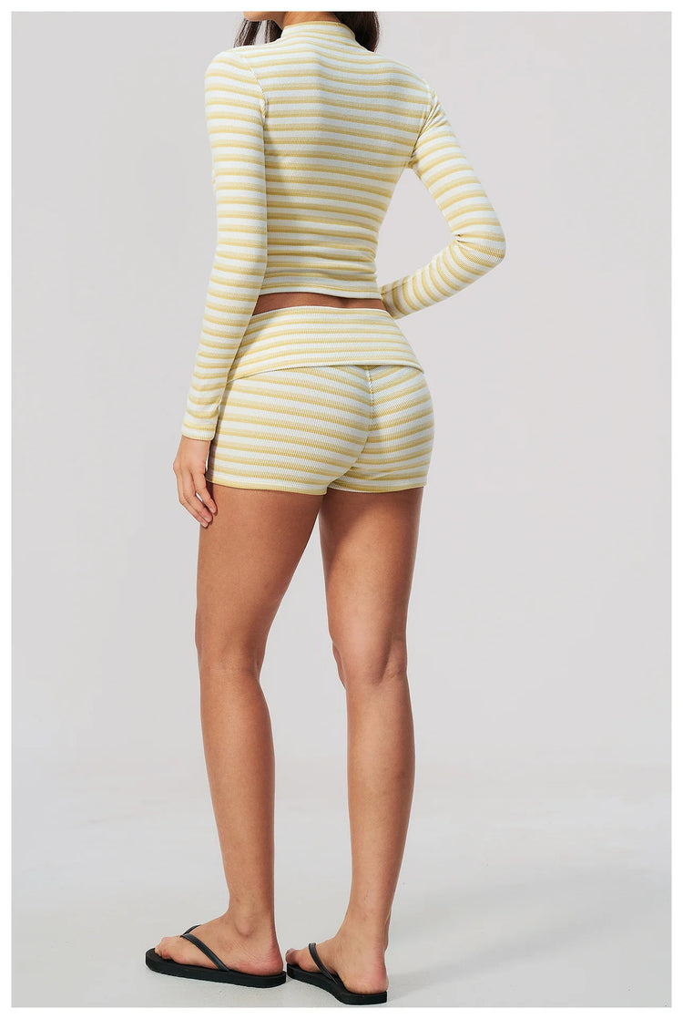 Women 2/3pcs Yoga Set Gym Clothing Fitness Suit Workout Tracksuit Outfits Ribbed Striped Strapless Tube Top Zipper Long Sleeve
