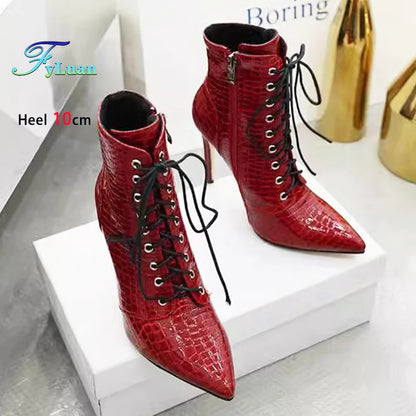 12CM Stiletto Heels Botas Mujer Fashion Pointed Lace-up Ankle Boots Roman Ladies Shoes Autumn Winter Women Emboss Short Booties
