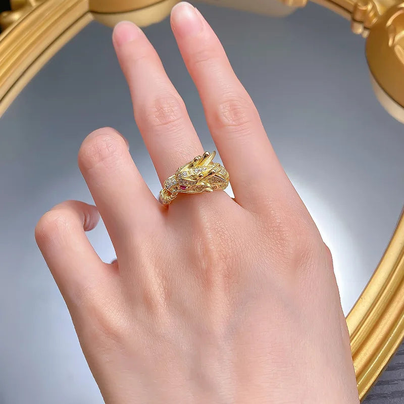 Luxury 9999 24K Solid gold certifid gold dragon domineering dragon head ring dragon tiger spirit dragon head gold ring