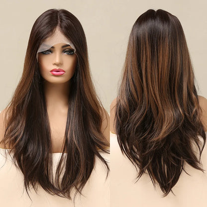 EASIHAIR Lace Front Hair Wigs Brown Long Straight Synthetic Lace Wigs for Black Women Daily Cosplay Party Heat Resistant Fibers
