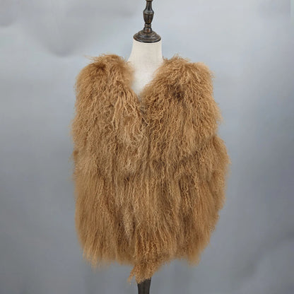 Lady Real Mongolian Sheep Fur Vest Thick Warm Winter Sleeveless Jacket Length 62 cm 250801
