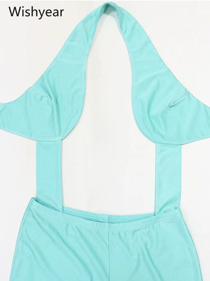 Women Turquoise Halter Neck Jumpsuit Cutout Front Sleeveless High Waist Bodycon Capri Pants Metal Ring Party Club Beach Outfit