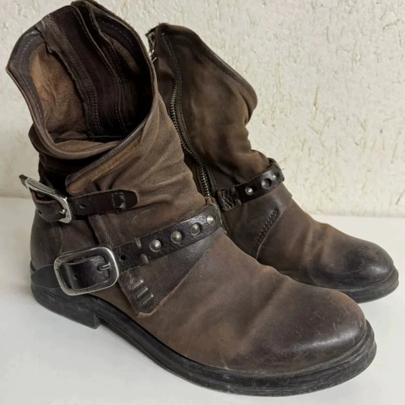American Retro Motorcycle Boots For Men Distressed Western Boots Buckle Strap Knight Boots Leather Rock Punk Men's Boots