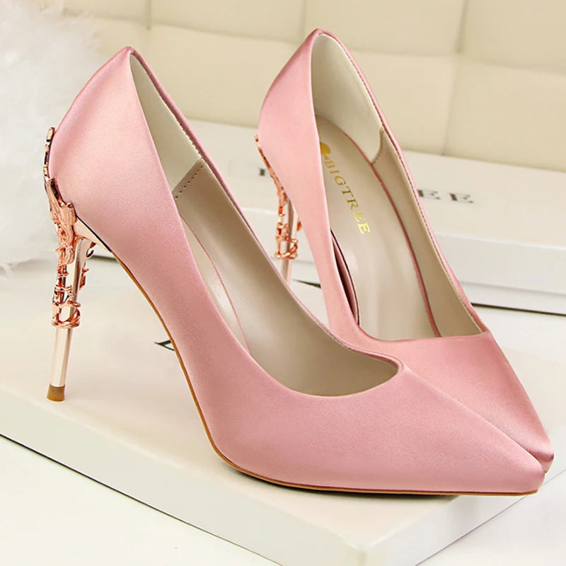 Women Luxury Metallic Decoration Heel Wedding Shoes Lady Trendy 10cm High Heels Pointed Toe Shoes Female Premium Gray Shoes
