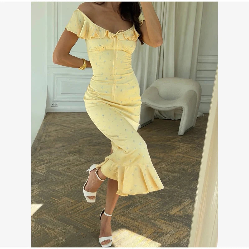 Elegant Women's Backless Yellow Lace Dresses Cross-back Design Long Slim Fit A-line Summer Dress Y2k Vacation Travel Vestido2026