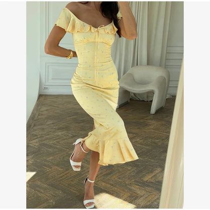 Elegant Women's Backless Yellow Lace Dresses Cross-back Design Long Slim Fit A-line Summer Dress Y2k Vacation Travel Vestido2026