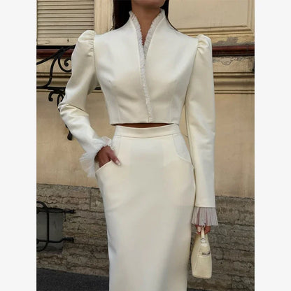 White Women's mesh two piece set Puff Sleeve V Neck blazer two piece dress set Daily Commuter Party  Outfit 2026 Summer Style