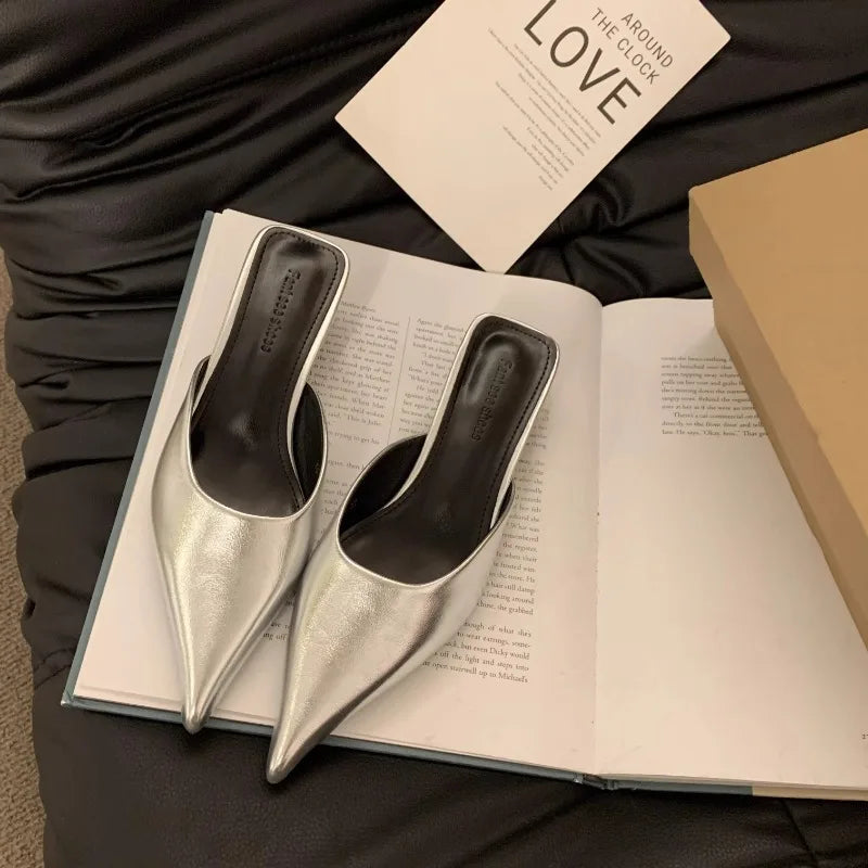 New Luxury Pointed Toe Women Mules Slipper Fashion Candy Color Ladies Elegant Dress Sandal Square Low Heel Slip on Slides Shoes