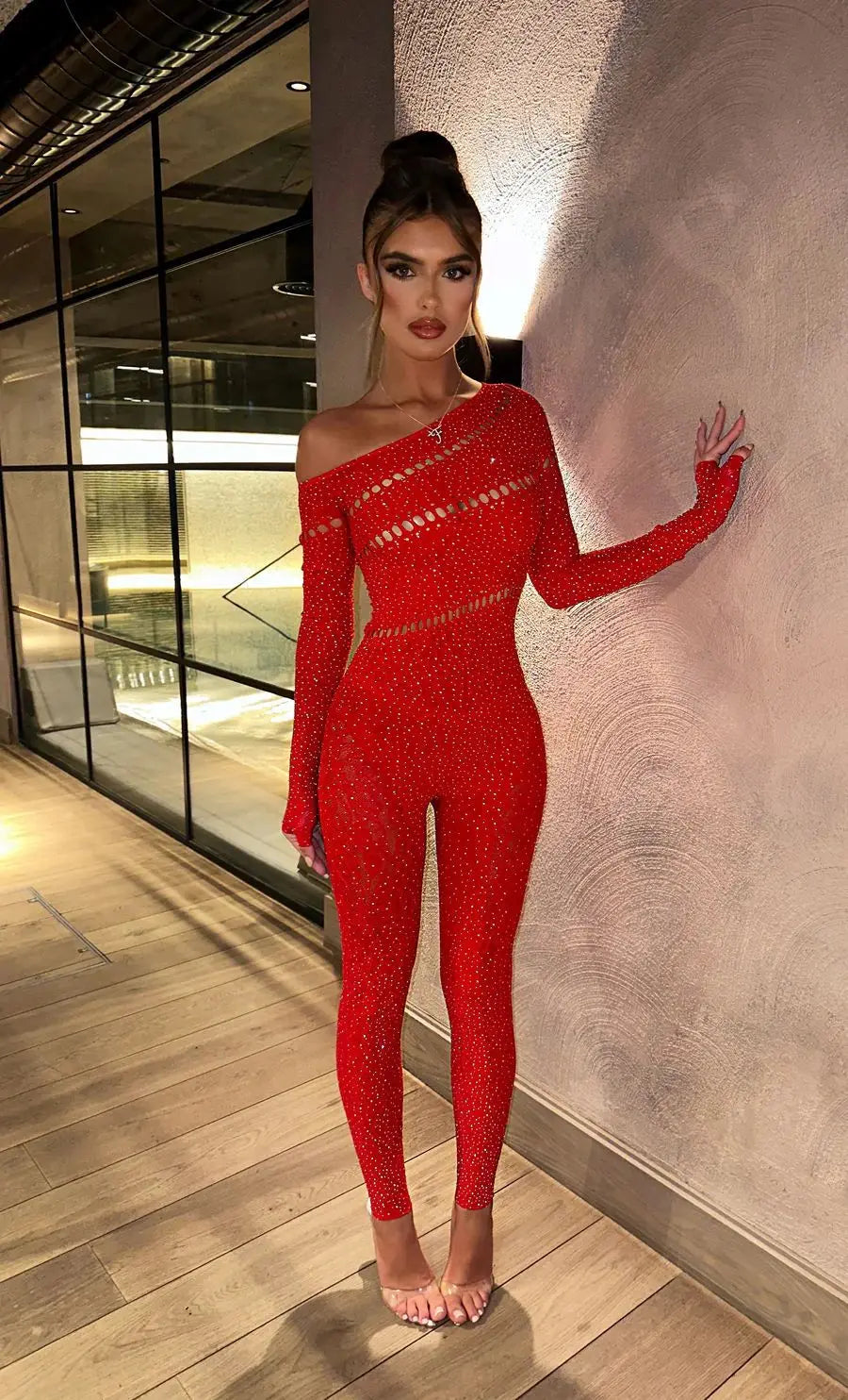 FAGADOER Spring Summer New Sexy Jumpsuits Women See Through Hollow Out Rhinestone Patchwork Rompers Female Streetwear Overalls