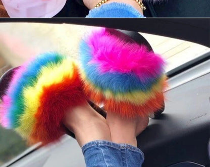 Natural Fox Fur Slippers, Fashionable Outdoor Multi-Color Animal Hair Slippers, Women's Gifts, Soft EVA Sole Slippers, On Trend