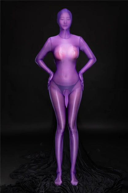 Zipper Open Full Body Catsuit with JJ Pouch Thin Sheath Transparent Body-stocking Unisex Sheer Bodysuit Sexy Lingerie Jumpsuit
