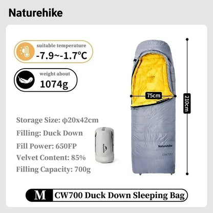 Naturehike CW700 Envelope Duck Down Sleeping Bag Winter Warm 650FP Down Sleeping Bag Camping Hiking Ultralight Sleeping Bag for Men & Women