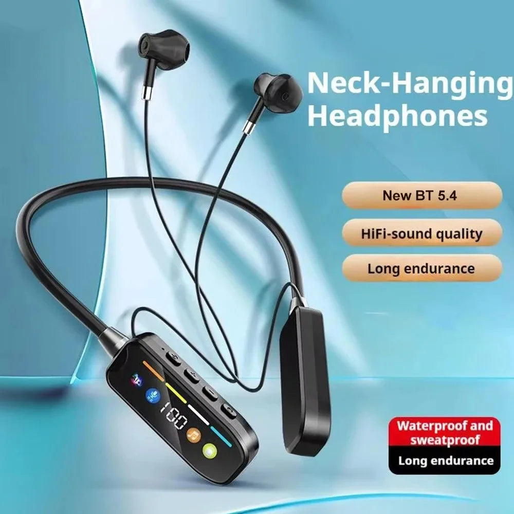 KEBIDUMEI Bluetooth 5.4 Headphones with Screen Neckband Earphones Wireless Headsets HiFi Stereo Sports Earbuds Support TF Card