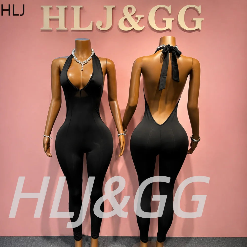 HLJ Black Sexy Deep V Halter Bodycon One Piece Jumpsuits Women Bandage Backless Slim Playsuits Fashion Club Overalls Clothing
