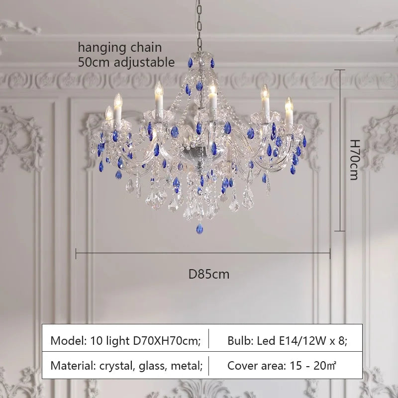 French Blue Romantic Crysatl Chandeliers Light Luxury Glass Living Room Art Decor Candle Pendant Lights Lighting Bedroom Lamps