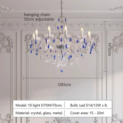 French Blue Romantic Crysatl Chandeliers Light Luxury Glass Living Room Art Decor Candle Pendant Lights Lighting Bedroom Lamps
