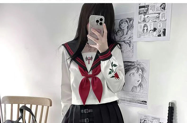 Dark Japanese Bad JK Uniform Long-sleeved Girl Orthodox Sailor Suit Role Play Handsome Long Skirt School Uniform Embroidery