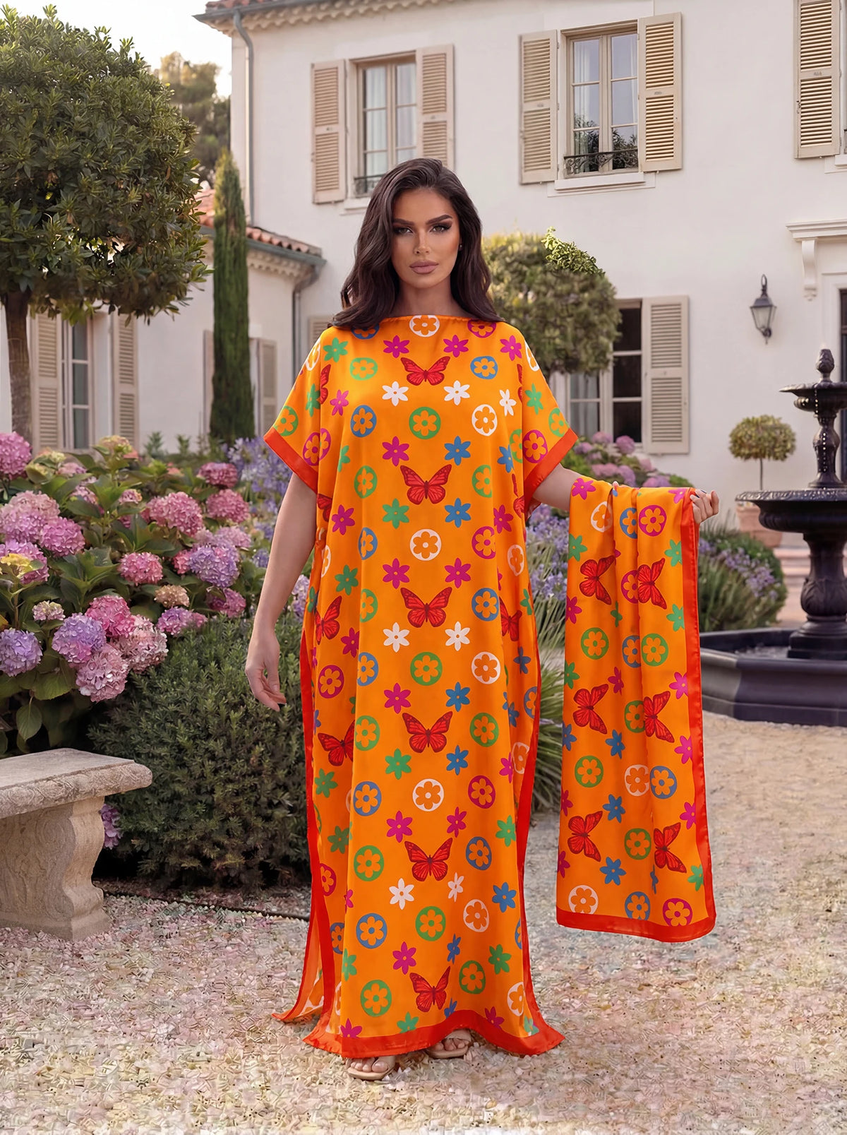 Boho Butterfly Flower Geometric Print Satin Abaya Scarf Set, Loose Batwing Maxi Kaftan For Muslim Women Beach Vacation Wear