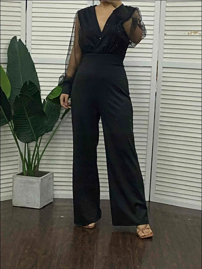 Elegant Women's Jumpsuit 2022 Autumn Fashion Contrast Mesh Long Sleeve Plain V-Neck Party Long Jumpsuit