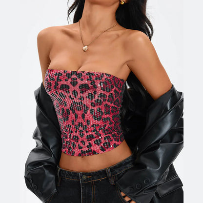 Anfilia Women's Sexy Nightclub Leopard Print Sequin Halter Top, Back Zipper, Slim Fit Inner Tank, Fashionable Y2K Style Tops