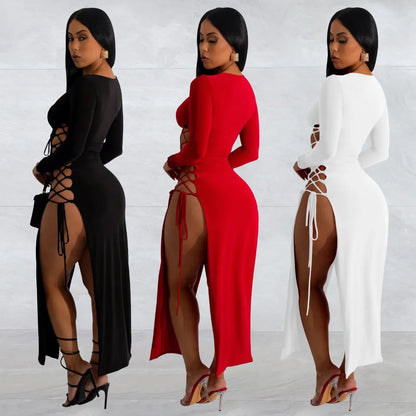 HLJ Sexy Solid Hollow Out Bandage Slit Bodycon Mid Dresses Women Round Neck Long Sleeve Slim Vestidos Fashion Party Club Clothes