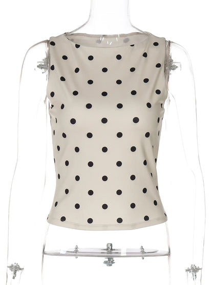 Hugcitar Women'S Fashion Polka Dot Print O Neck Sexy Slim Crop Tank Top Summer Female Clothes Beach Vacation Party Streetwear