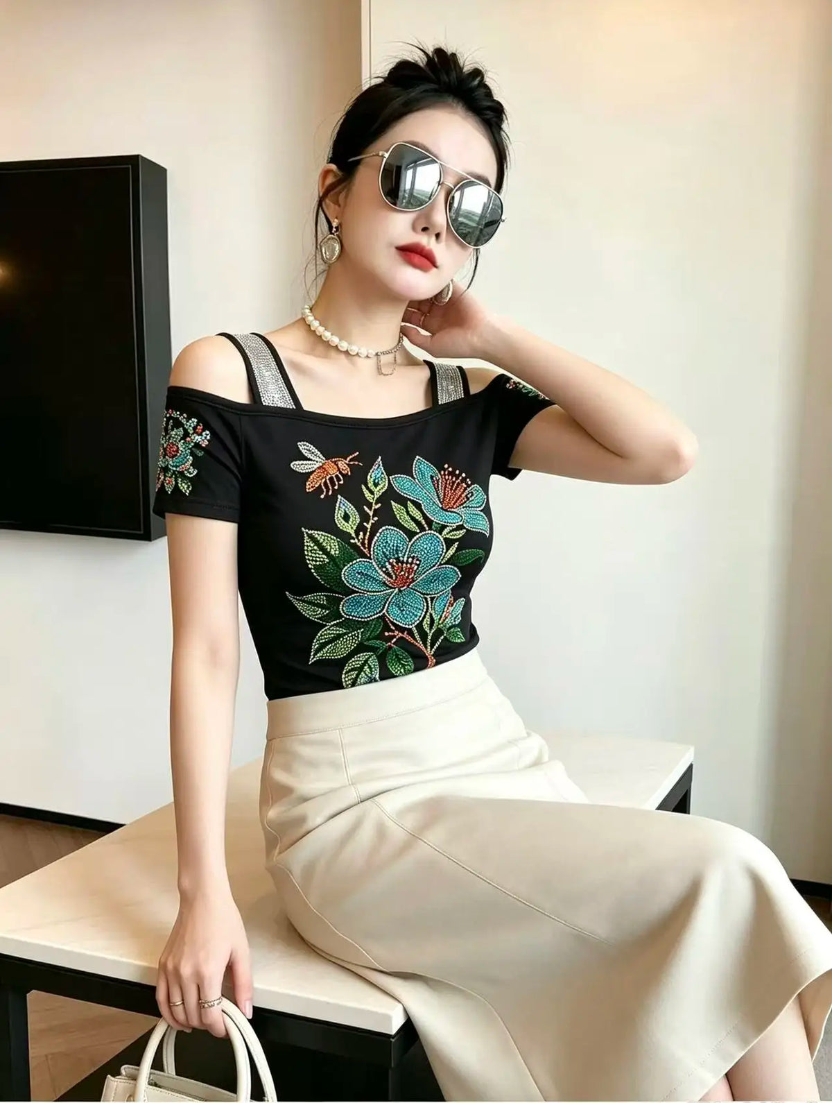 High Quality Elasticity Clothes Fashion T-Shirts Women's Sexy Off Shoulder Shiny Diamonds Mesh Tops Summer Tees Shirt