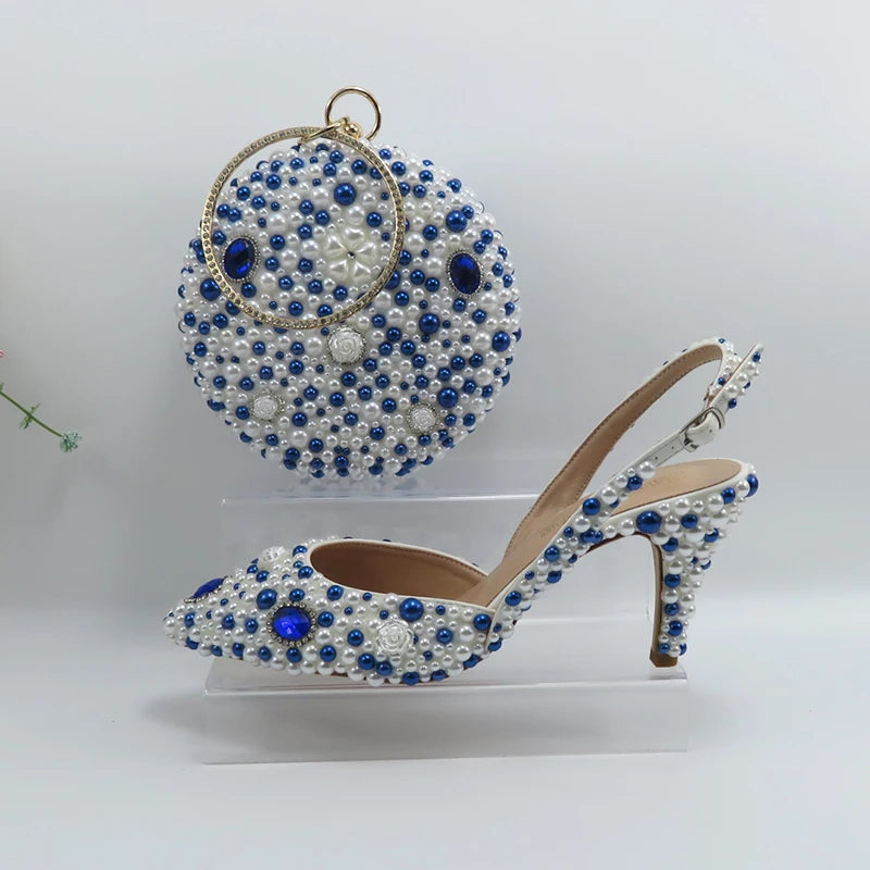 BaoYaFang Green Pointed Toe Pearl Bridal Wedding Shoes and Bag Thin Heel Slingbacks Female Ladies Party Shoe Shallow Women Shoes