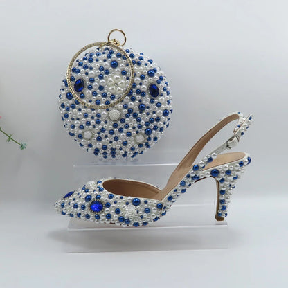 BaoYaFang Green Pointed Toe Pearl Bridal Wedding Shoes and Bag Thin Heel Slingbacks Female Ladies Party Shoe Shallow Women Shoes