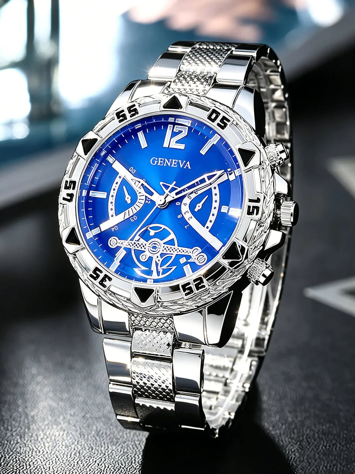 Men 3Pcs Geneva Watch Jewelry Set Blue Dial Quartz Wrist Watch Spear Necklace Rhinestone Ring, Boxes Not Included
