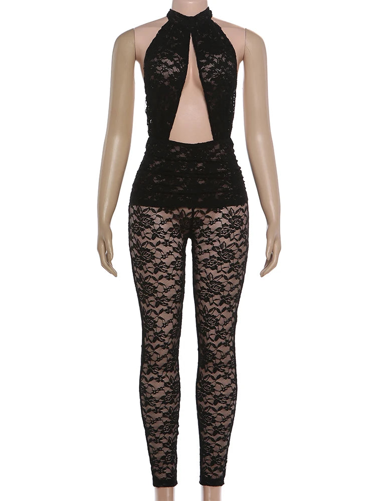 Weird Puss Sexy Jacquard Jumpsuit Women Backless Hollow Halter Trend Sleeveless Stretch Midnight Clubwear Patchwork Overalls